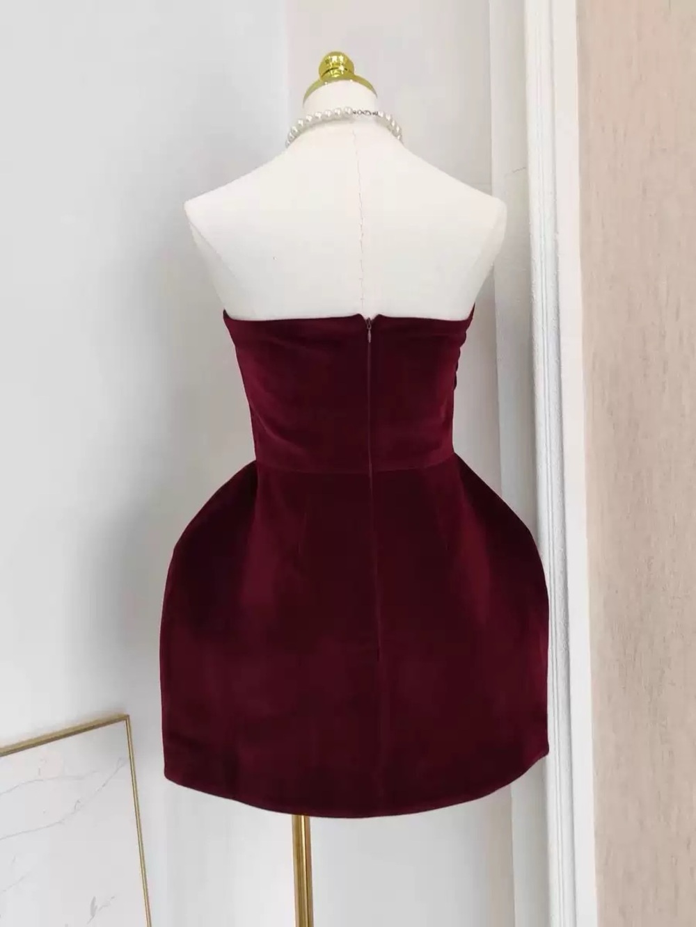 Strapless Burgundy Velvet Mini Dress with 3D Heart Appliqué - Picture 4 of 4